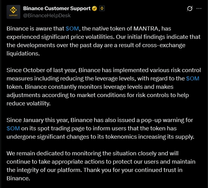 1-16 Binance công bố lý do đằng sau sự sụp đổ của Mantra